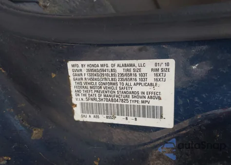 2010 Honda Odyssey Ex-L z USA, uszkodzony, nr VIN 5FNRL3H70AB047825